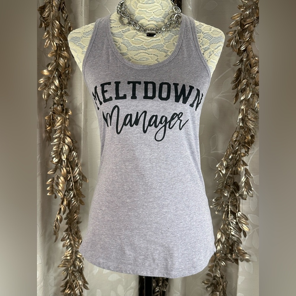 Next‎ Level “Meltdown Manager” Racerback Tank Top Size Medium Gray Graphic Print